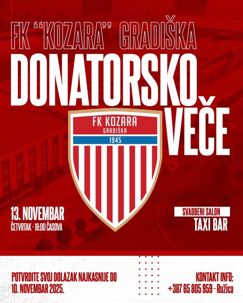 Donatorsko veče FK Kozara u četvrtak 13. novembra
