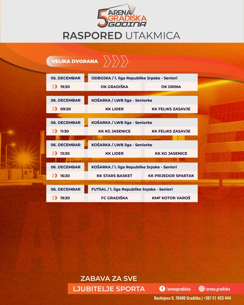 Petnaest utakmica na rasporedu u Areni Gradiška (FOTO)
