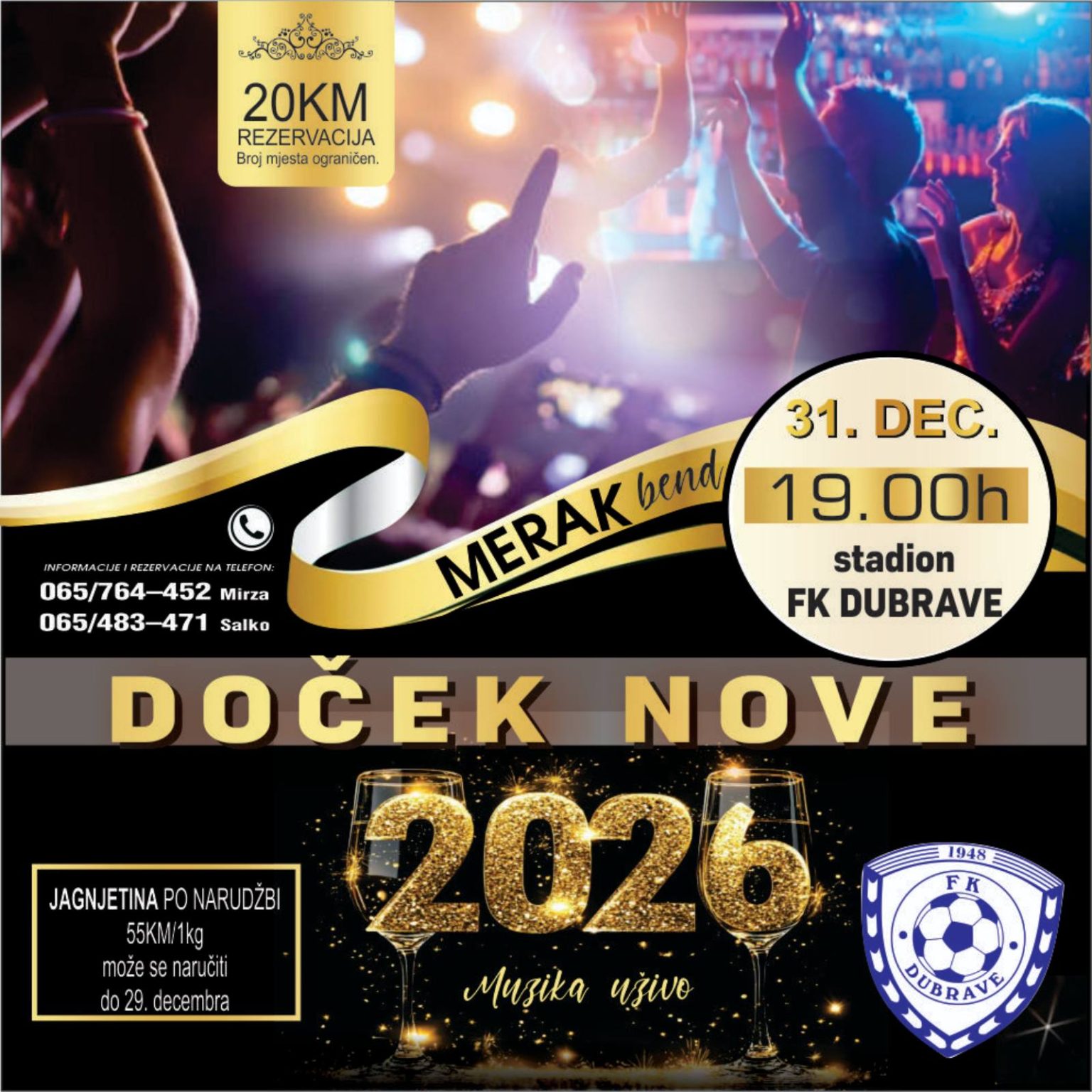 Svečani doček Nove 2026. godine uz Merak bend na stadionu FK Dubrave