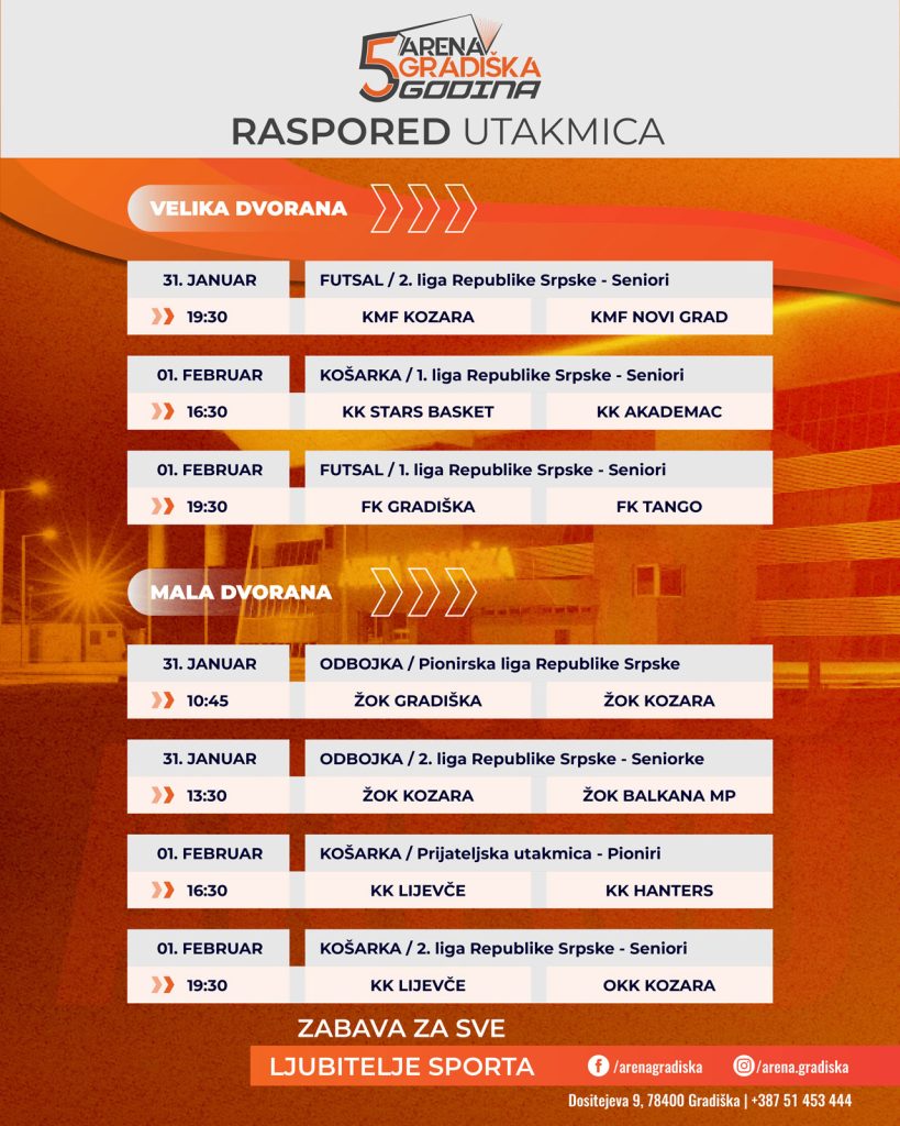 Sedam utakmica na programu u gradiškoj Areni (FOTO)